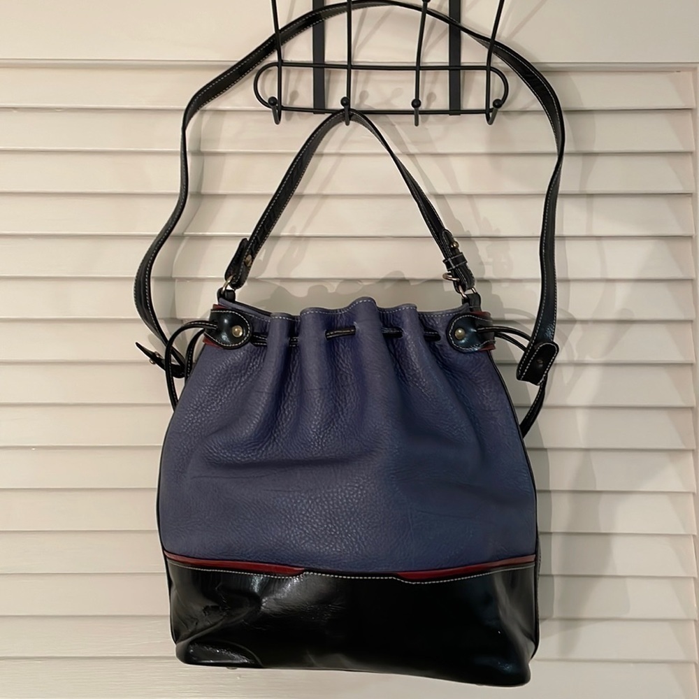 T. Cappelli Pebbled Slate Blue, Maroon and Black Patten Leather Bucket Bag